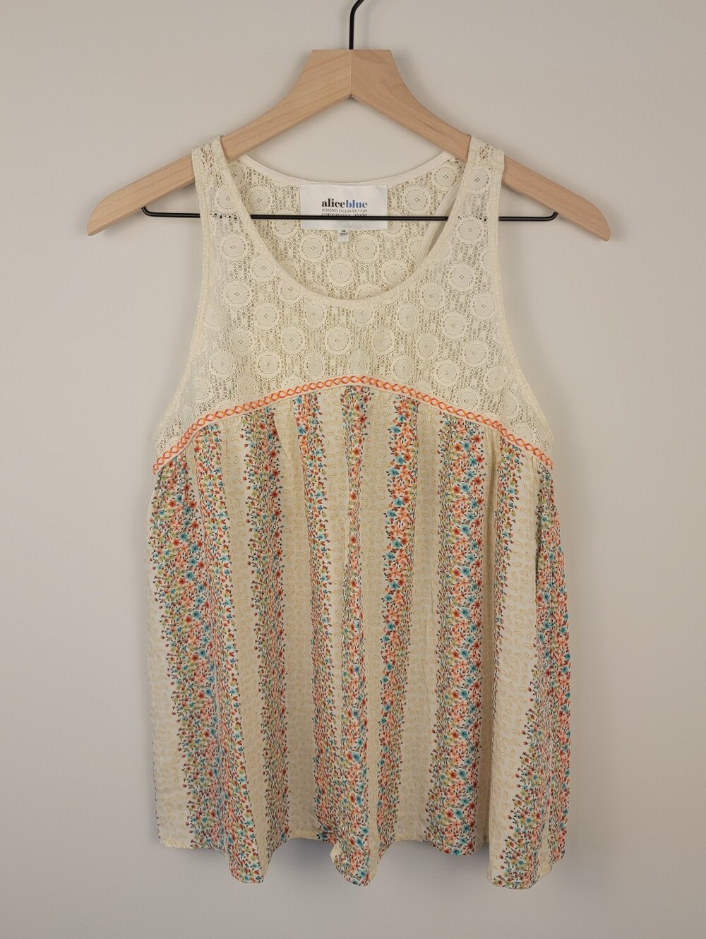 Alice Blue Stitch Fix Floral Lace Yoke Tank Top Boho Cream Medium
